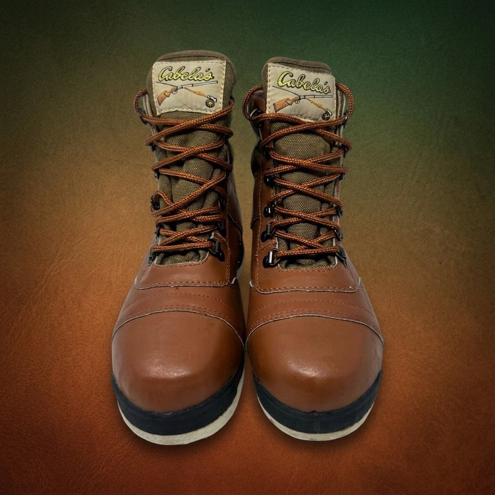 Vintage Cabelas Mens 6 Wading Boots Brown Olive Canvas Felt Sole Fly Fishing
